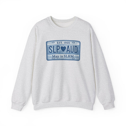 SLP AUD Speech-Language Hearing Month License Plate Crewneck Sweatshirt