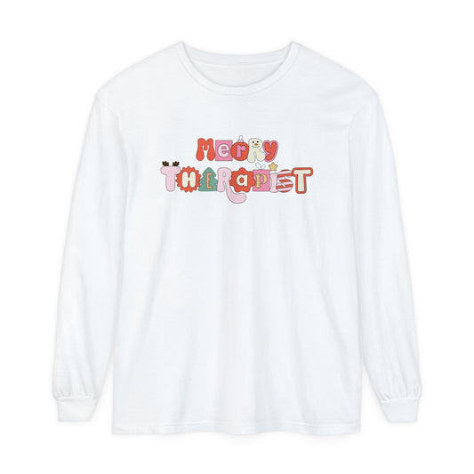 Merry Therapist Retro Holiday Long Sleeve Comfort Colors T-Shirt