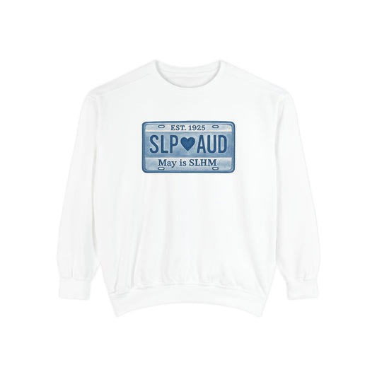 SLP AUD Speech-Language Hearing Month License Plate Comfort Colors Sweatshirt