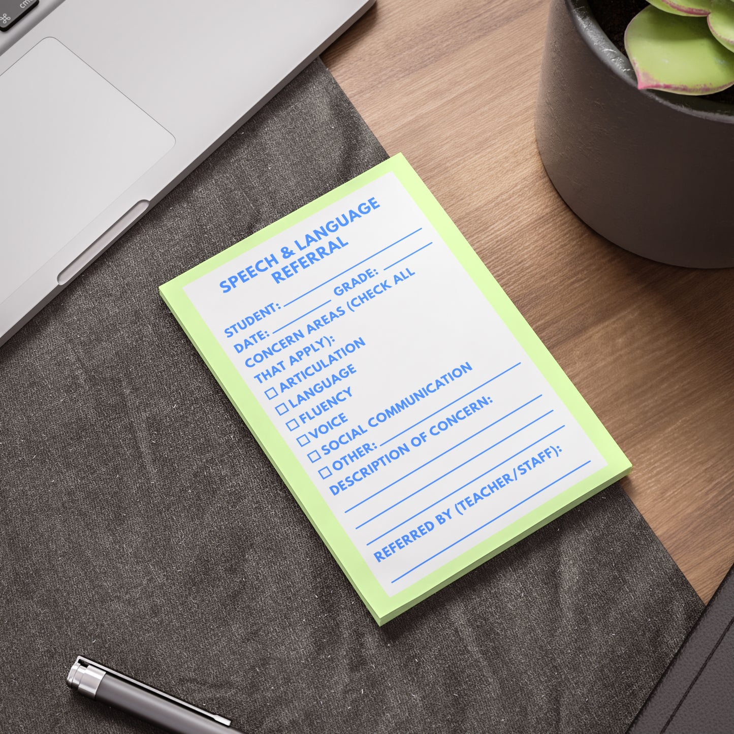 Speech & Language Referral Post-it® Note Pad | Green & Blue