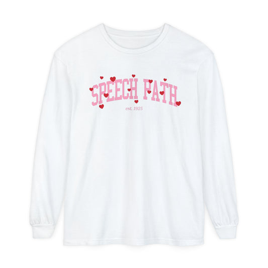 Speech Path Varsity Hearts Long Sleeve Comfort Colors T-Shirt