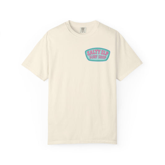 Salty SLP Surf Shop Comfort Colors T-Shirt | Front and Back Print