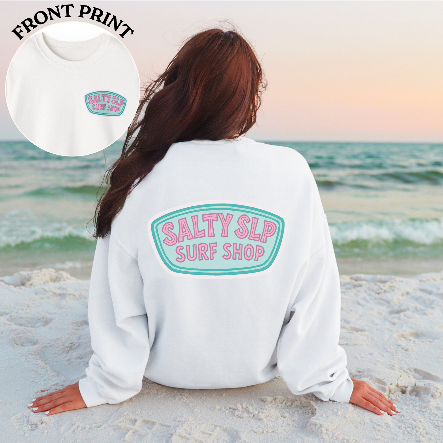 Salty SLP Surf Shop Crewneck Sweatshirt | Front and Back Print
