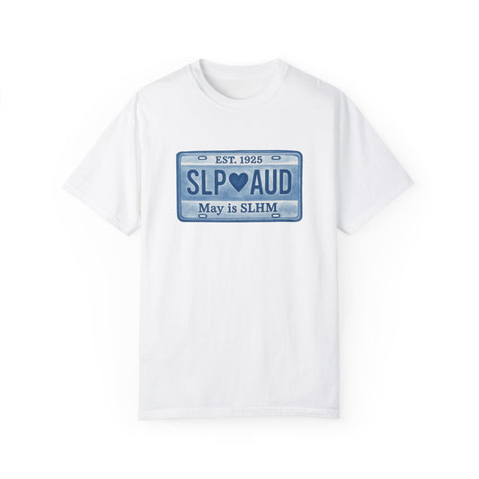 SLP AUD Speech-Language Hearing Month License Plate Comfort Colors T-Shirt