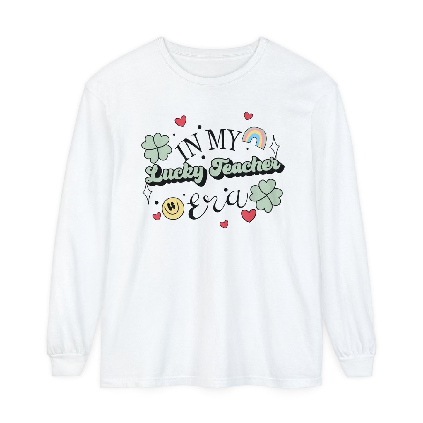 In My Lucky Teacher Era Long Sleeve Comfort Colors T-Shirt