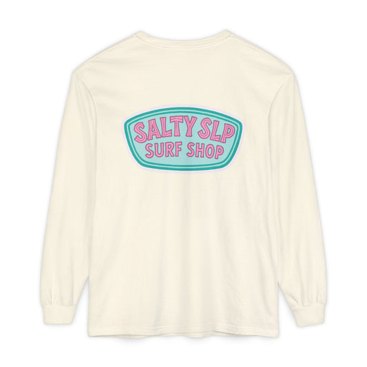 Salty SLP Surf Shop Long Sleeve Comfort Colors T-Shirt | Front and Back Print