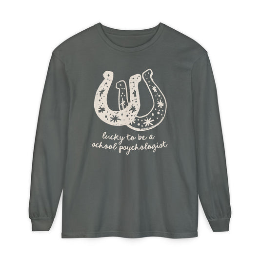 Lucky School Psychologist Horseshoe Long Sleeve Comfort Colors T-Shirt