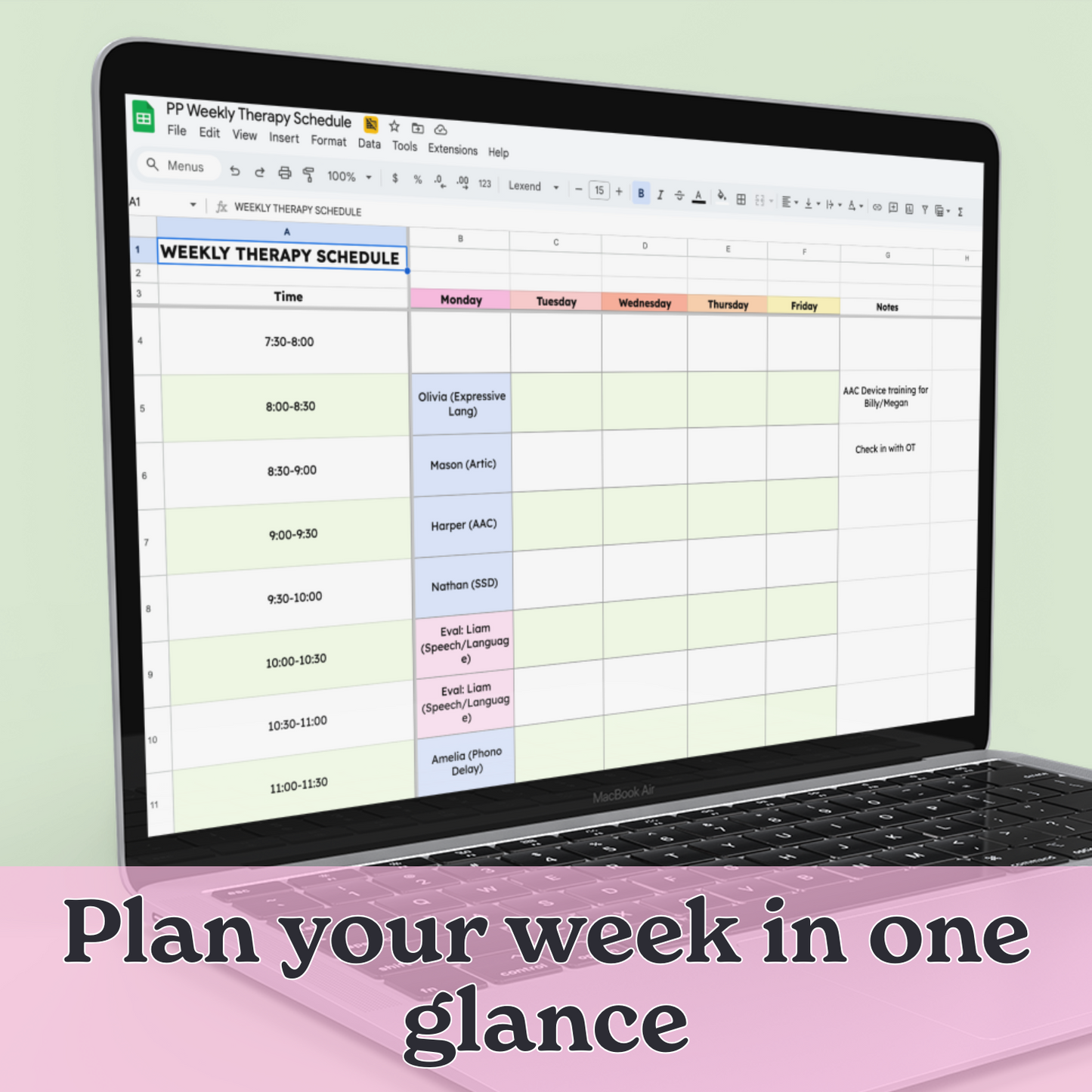 Private Practice Weekly Therapy Schedule – Google Sheet