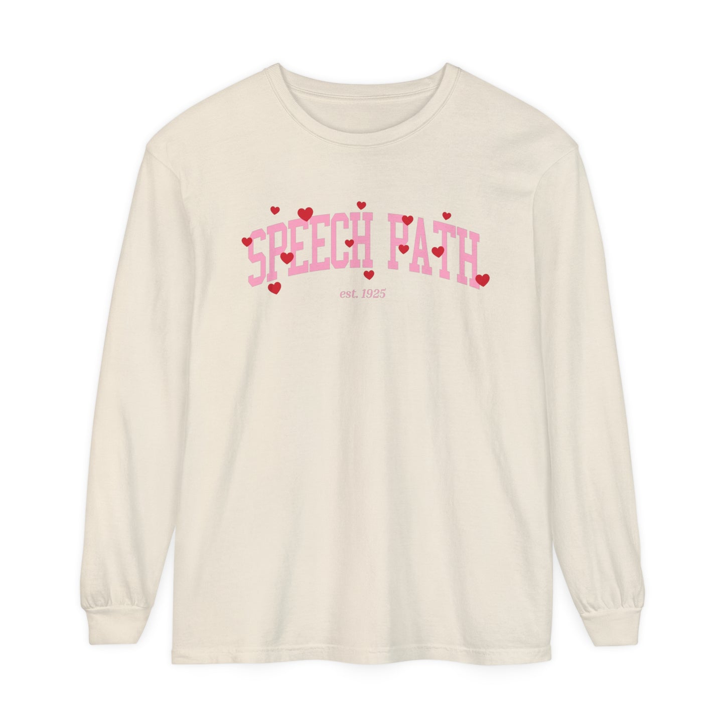Speech Path Varsity Hearts Long Sleeve Comfort Colors T-Shirt
