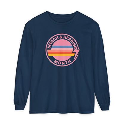 Speech & Hearing Month Retro Stripes Long Sleeve Comfort Colors T-Shirt