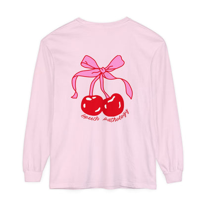 Speech Pathology Bow Cherries Long Sleeve Comfort Colors T-Shirt | Front and Back Print