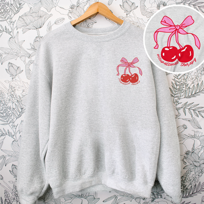 OT Bow Cherries Crewneck Sweatshirt | Front Embroidery and Back Print