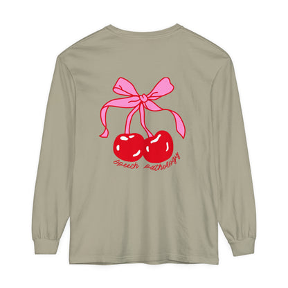 Speech Pathology Bow Cherries Long Sleeve Comfort Colors T-Shirt | Front and Back Print
