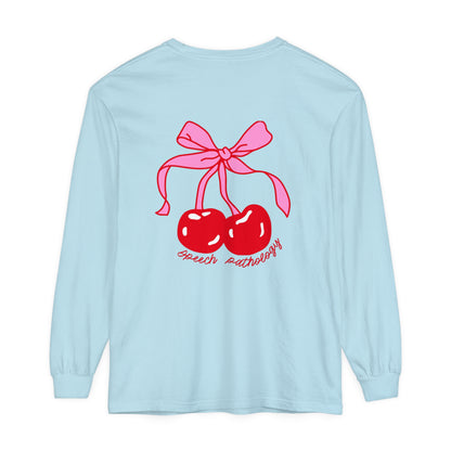 Speech Pathology Bow Cherries Long Sleeve Comfort Colors T-Shirt | Front and Back Print