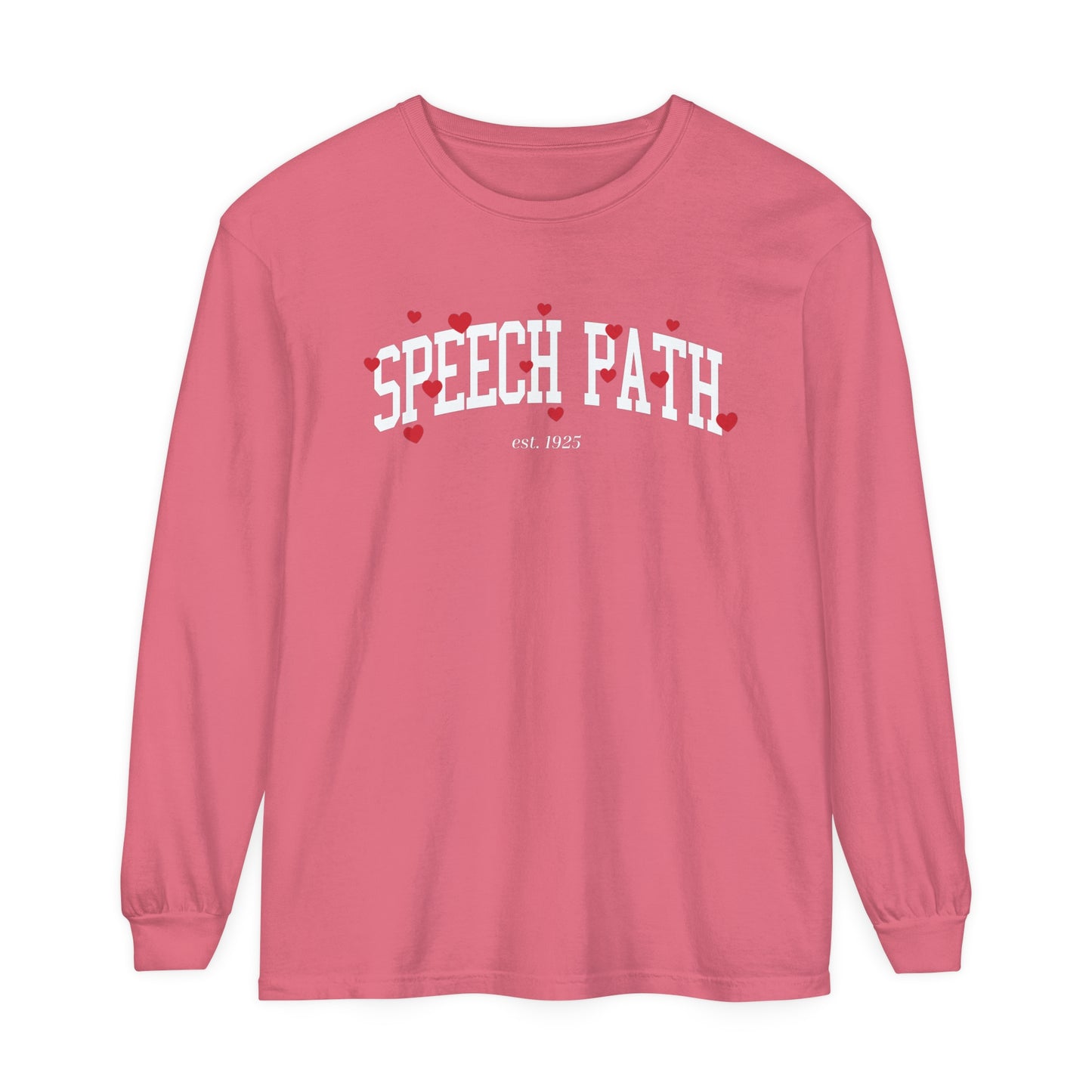Speech Path Varsity Hearts Long Sleeve Comfort Colors T-Shirt