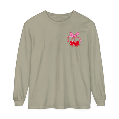 Speech Pathology Bow Cherries Long Sleeve Comfort Colors T-Shirt | Front and Back Print