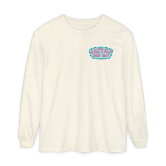 Salty SLP Surf Shop Long Sleeve Comfort Colors T-Shirt | Front and Back Print