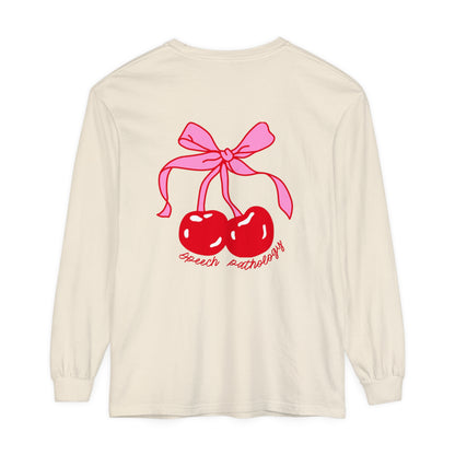 Speech Pathology Bow Cherries Long Sleeve Comfort Colors T-Shirt | Front and Back Print