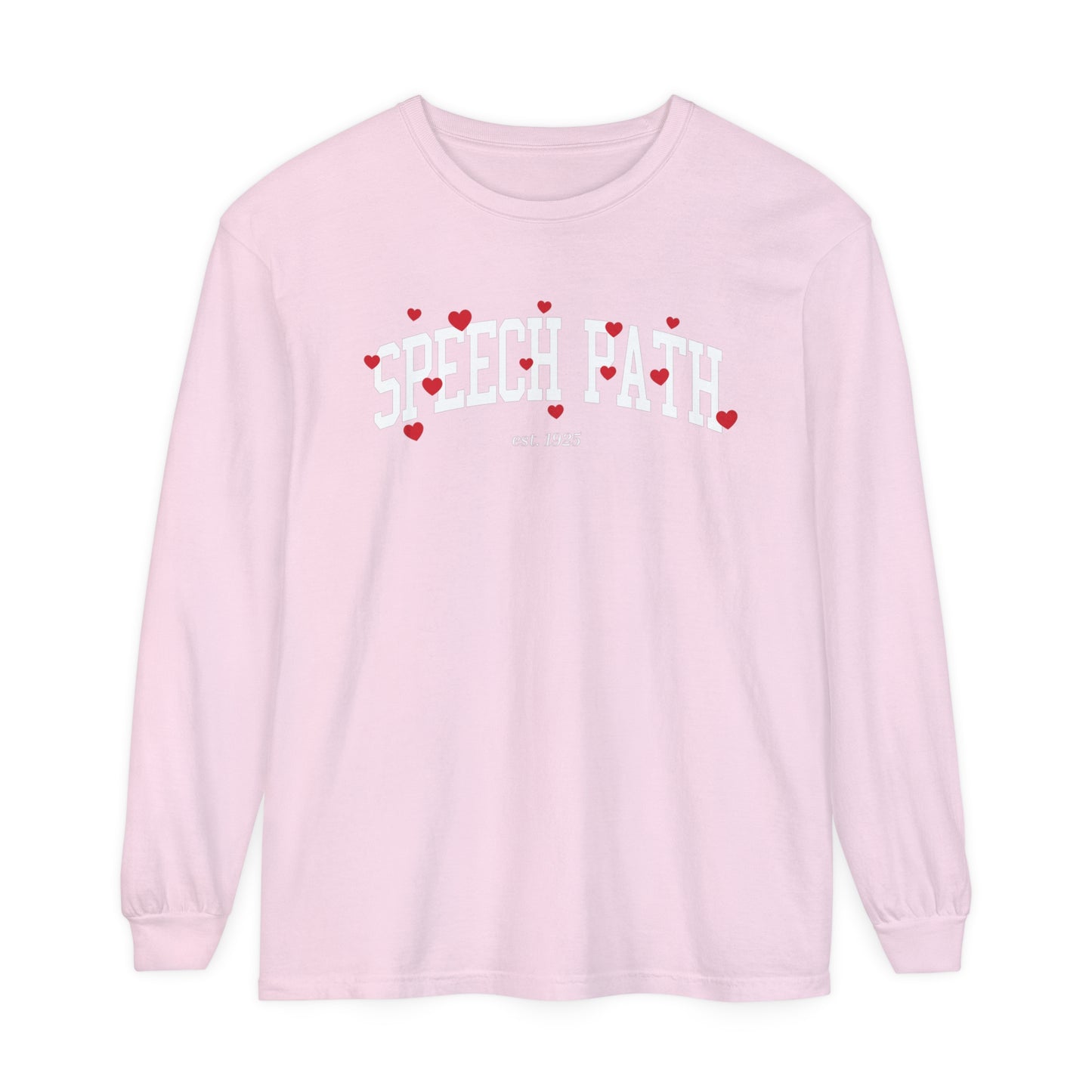 Speech Path Varsity Hearts Long Sleeve Comfort Colors T-Shirt