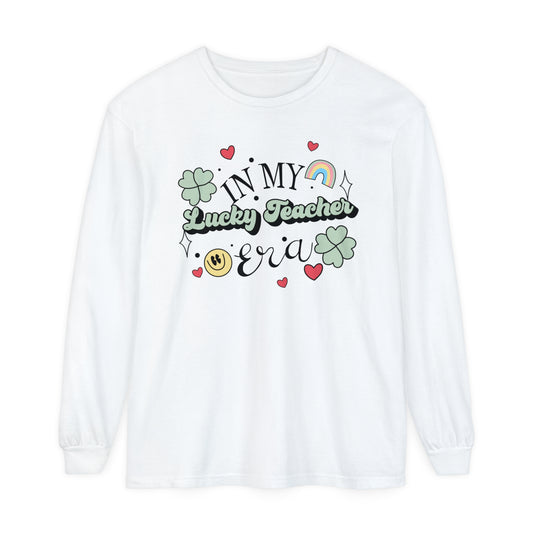 In My Lucky Teacher Era Long Sleeve Comfort Colors T-Shirt