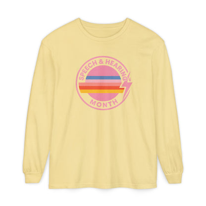 Speech & Hearing Month Retro Stripes Long Sleeve Comfort Colors T-Shirt