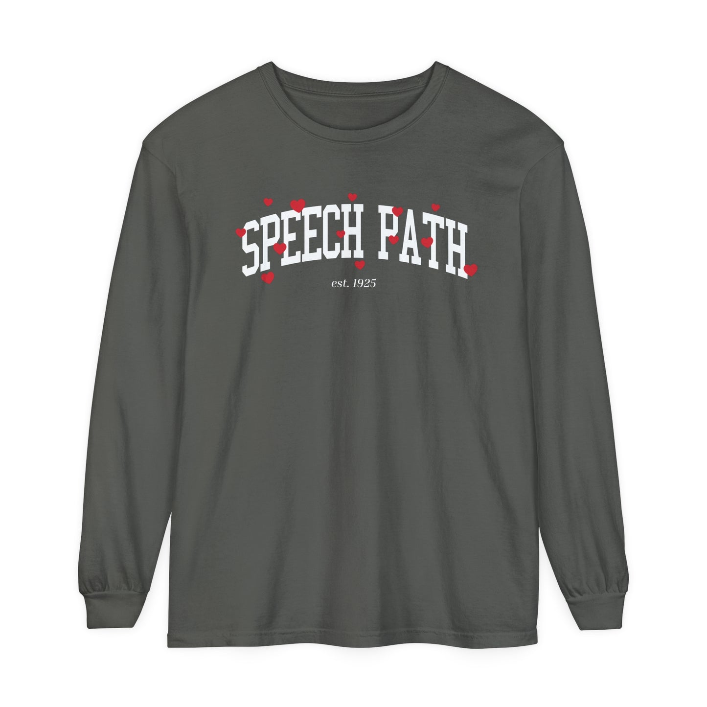 Speech Path Varsity Hearts Long Sleeve Comfort Colors T-Shirt