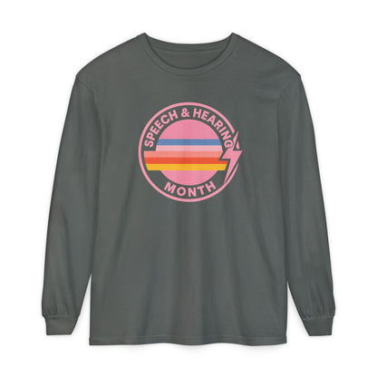 Speech & Hearing Month Retro Stripes Long Sleeve Comfort Colors T-Shirt