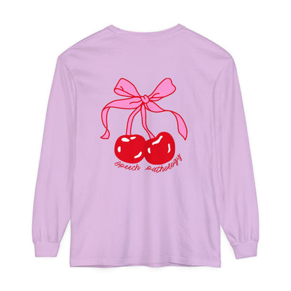 Speech Pathology Bow Cherries Long Sleeve Comfort Colors T-Shirt | Front and Back Print