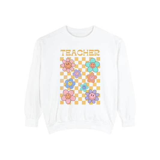 Teacher Distressed Retro Daisy Comfort Colors Sweatshirt