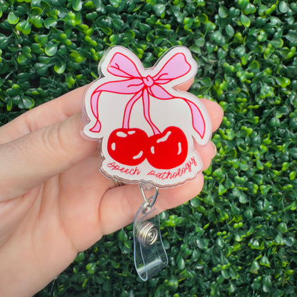 Speech Pathology Bow Cherries Badge Reel