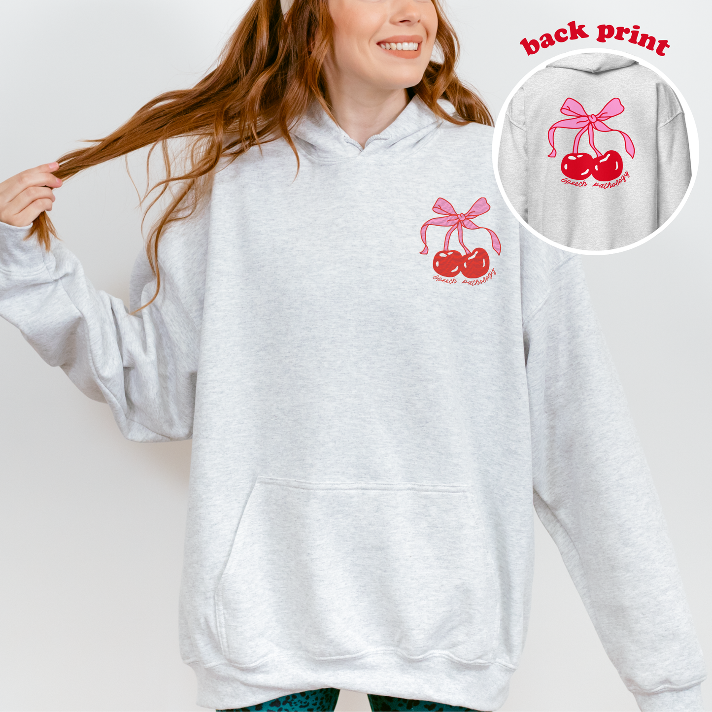 Speech Pathology Bow Cherries Hoodie | Front Embroidery and Back Print
