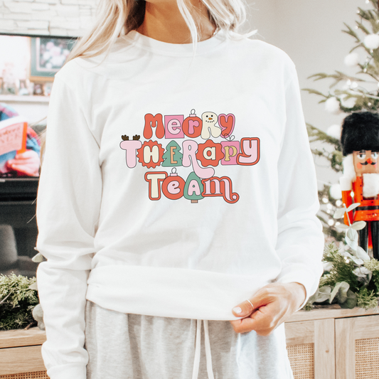Merry Therapy Team Retro Holiday Long Sleeve Comfort Colors T-Shirt