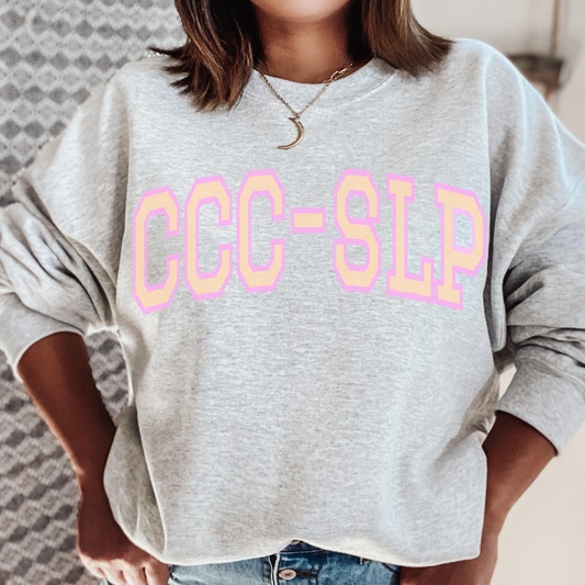 CCC-SLP Collegiate Font Sweatshirt | Pink and Orange Font