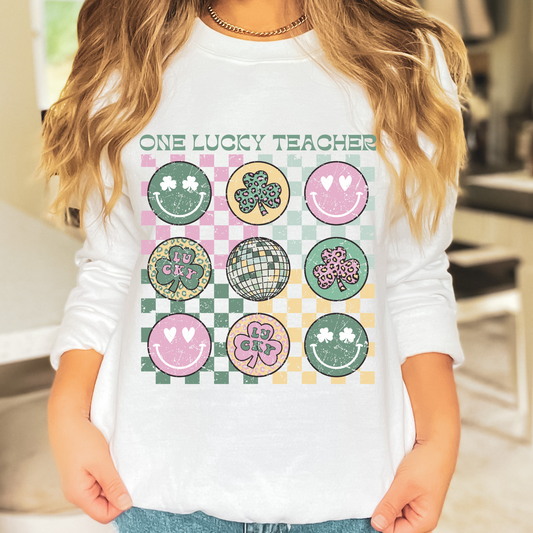 One Lucky Teacher Distressed Crewneck Sweatshirt