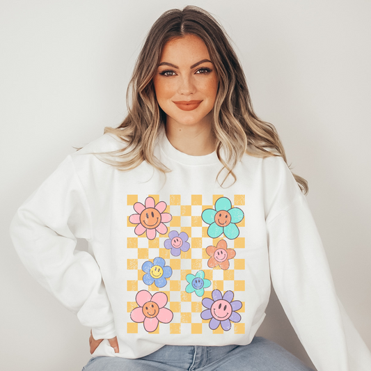 Distressed Retro Daisy Crewneck Sweatshirt