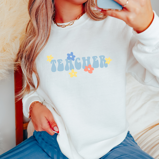 Teacher Retro Flower Crewneck Sweatshirt