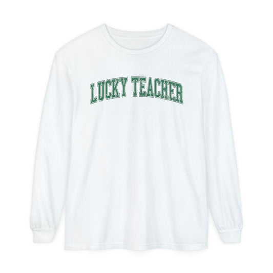 Lucky Teacher Distressed Long Sleeve Comfort Colors T-Shirt