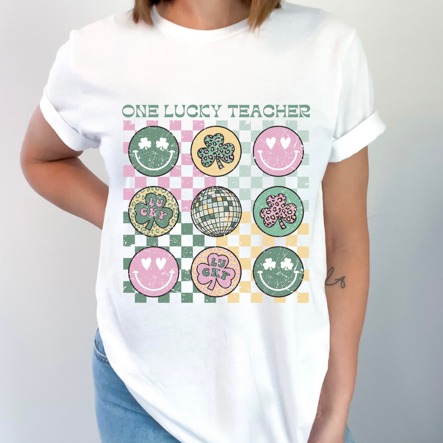 One Lucky Teacher Distressed Jersey T-Shirt